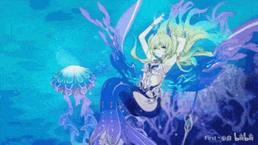 a mermaid is swimming in the ocean next to a jellyfish