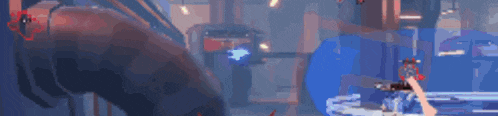 a person is playing a video game in a dark room with a blue background .
