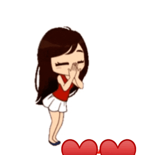 a cartoon girl in a red top and white skirt is holding three hearts in her hand