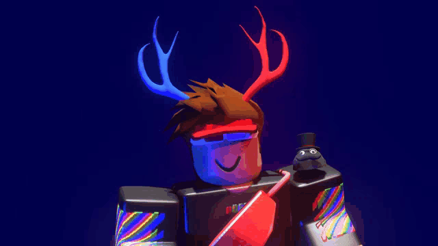 a roblox character with antlers and a top hat is holding a straw