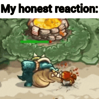a cartoon of a monster fighting another monster in a video game with the words `` my honest reaction '' below it .