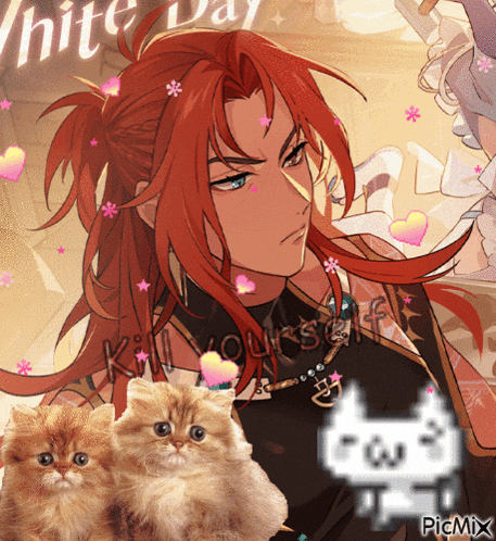 a picture of a man with long red hair and two cats with the words white day written on the bottom
