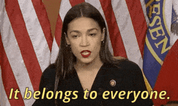 a woman is standing in front of an american flag and says it belongs to everyone