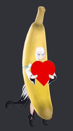 a girl in a banana costume holds a red heart in her hands