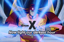 a cartoon robot with the words now light our darkest hour below it
