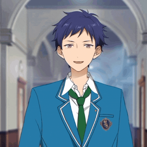 a man in a blue suit and tie has a badge on his chest that says l.