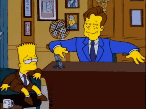 bart simpson is sitting at a table with a man in a blue suit