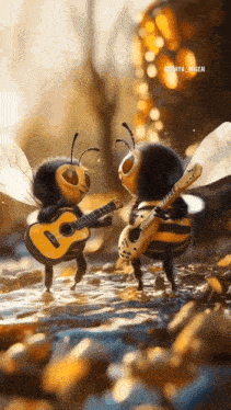 two bees are playing guitars in the water and singing .