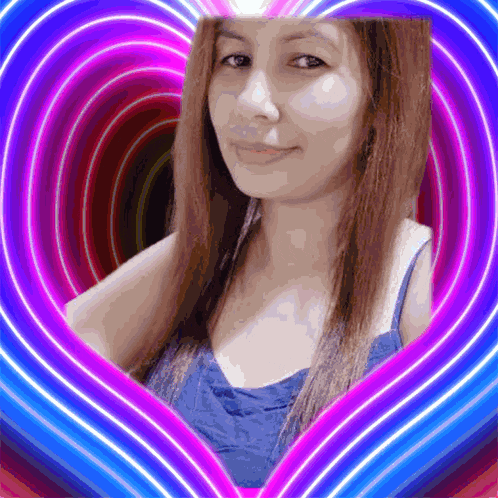 a woman in a blue tank top is surrounded by a heart shaped frame