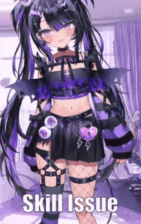 a girl in a purple and black outfit is standing in a room with the words skill issue on the bottom