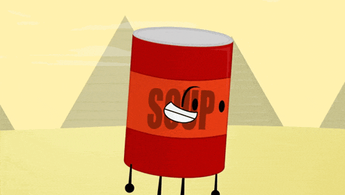 a cartoon drawing of a can that says soup on it