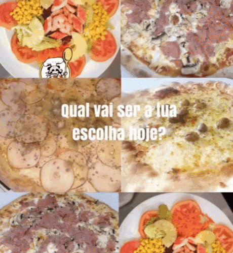 a collage of pizzas with the words qual vai ser a tua escolha hoje on the bottom