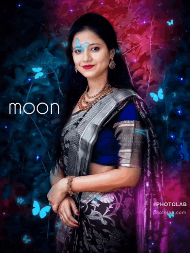 a woman in a saree is surrounded by butterflies and the word moon is above her