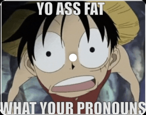 a picture of monkey d luffy with a meme that says yo ass fat what your pronouns