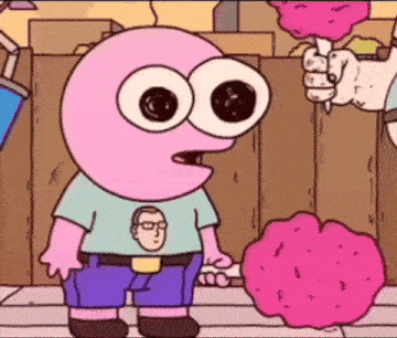 a cartoon character is standing next to a person holding cotton candy .