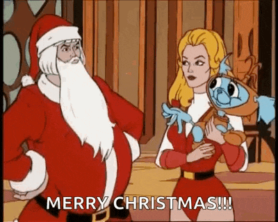 a cartoon of santa claus and a princess holding a stuffed animal and saying `` merry christmas '' .