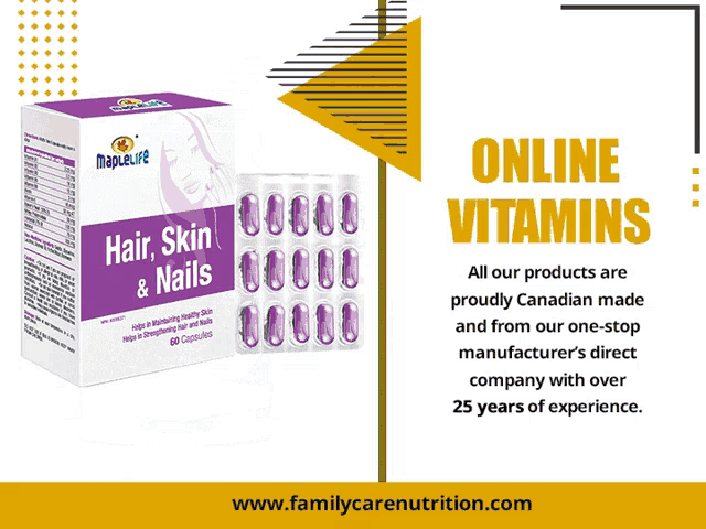 a box of hair skin and nails capsules next to a yellow triangle that says online vitamins