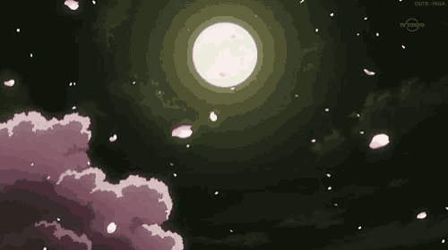 a full moon is visible in the night sky with petals falling from the sky .