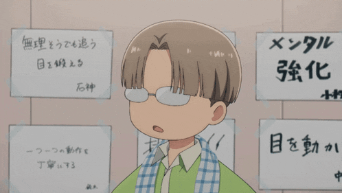 a boy wearing glasses stands in front of a wall with signs in a foreign language