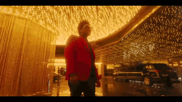 a man in a red jacket is standing in front of a ceiling with lights