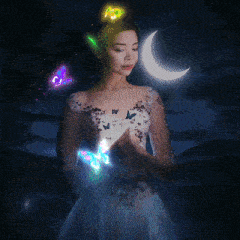 a woman in a white dress with butterflies and a crescent moon behind her