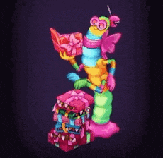 a colorful cartoon worm is holding a gift and standing next to a stack of gifts .