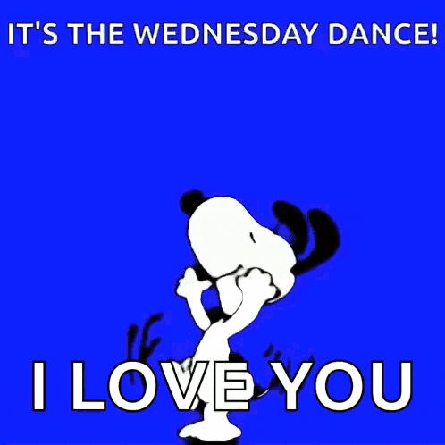 a cartoon of snoopy dancing on a yellow background with the words " it 's the wednesday dance i love you "