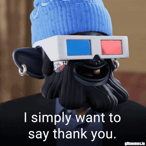 a cartoon character wearing 3d glasses and a blue beanie says i simply want to say thank you