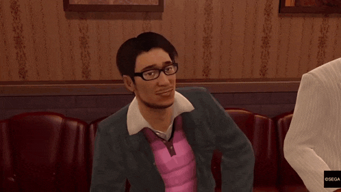 a man wearing glasses and a pink sweater is in a video game with the sega logo in the corner