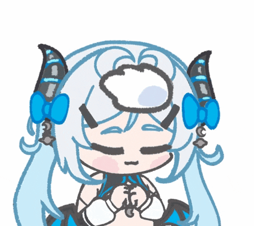 a drawing of a girl with white hair and blue bows in her hair