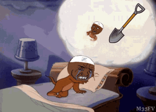 a cartoon of a baby and a shovel with m35fv on the bottom right