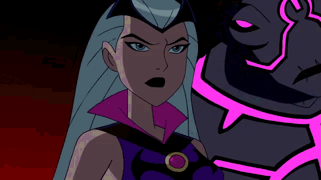 a woman in a purple dress is standing next to a cartoon character