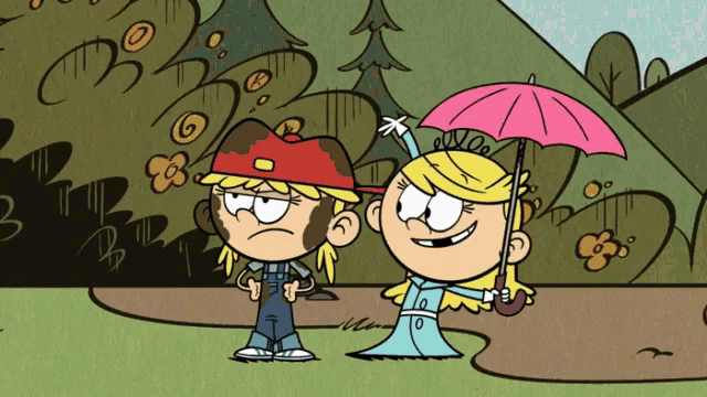 a cartoon of two girls standing next to each other with one holding a pink umbrella