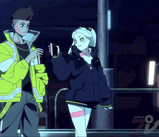 a man and a woman are standing next to each other and the woman has a tattoo on her leg that says " lucky "