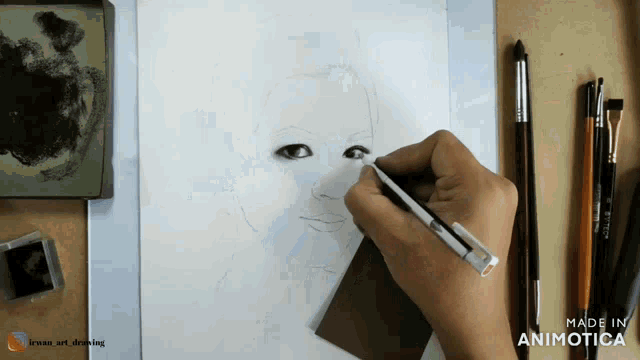 a person is drawing a woman 's face with a pen on a piece of paper made in animatica