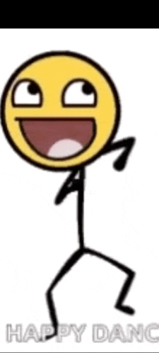 a stick figure with a smiley face and the words happy danc written below it