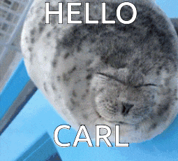 a seal with its eyes closed and the words hello carl on it