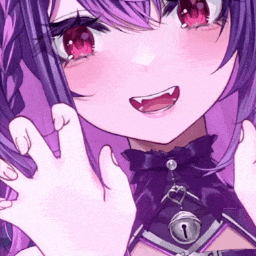 a close up of a purple anime girl with red eyes and a bell around her neck