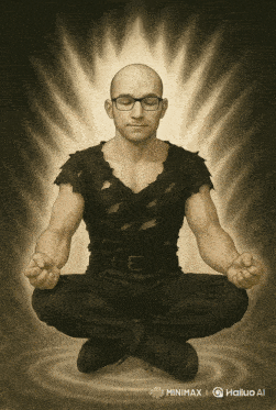 a painting of a man sitting in a lotus position with minmax hailuo ai on the bottom