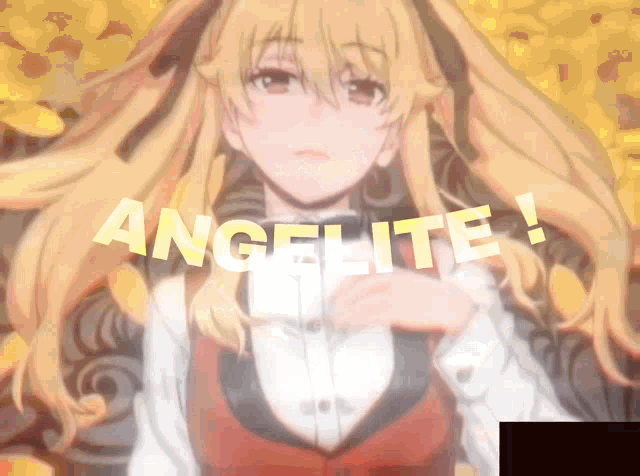 a blonde anime girl with the word angelite written on the bottom