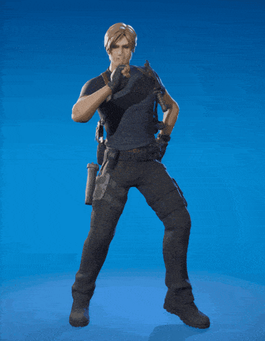 a man in a black shirt and black pants is holding a gun in his right hand