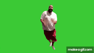 a fat man is running on a green screen .