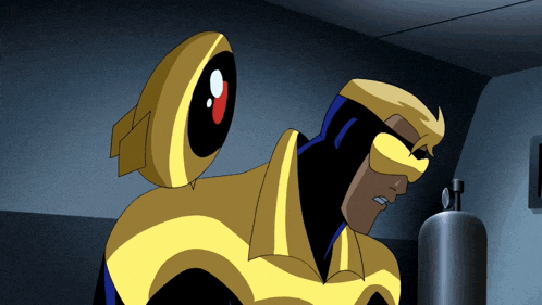 a cartoon character in a yellow and black costume with a robot on his back