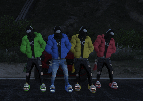 four people wearing jackets with the letter c on them are standing in front of a red car