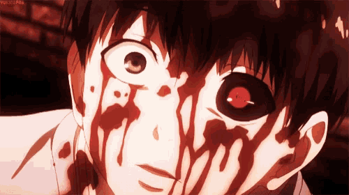 a close up of a man 's face with blood coming out of his eyes