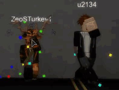 a couple of roblox characters are standing next to each other on a street .