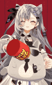 a girl with gray hair is holding a red bucket that says ' noodles ' on it