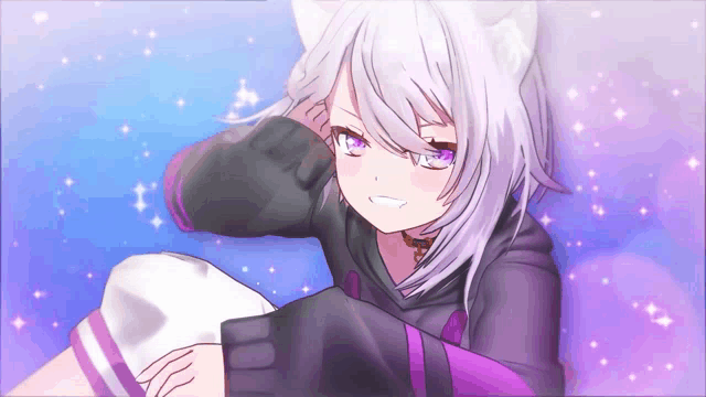 a girl with white hair and purple eyes is wearing a hoodie