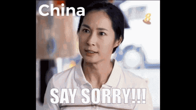 a woman in a white shirt is making a funny face and saying sorry .