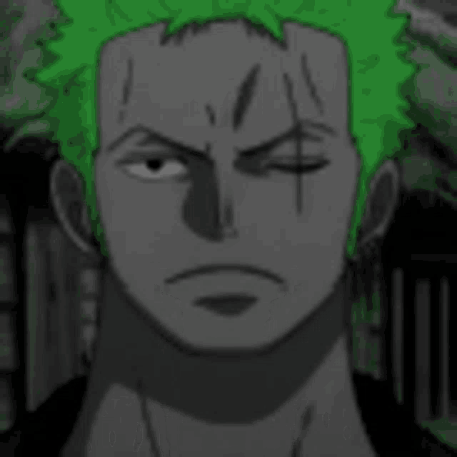 a black and white drawing of a man with green hair making a face .
